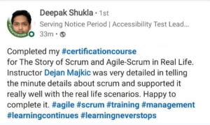Image featuring Deepak Shukla's review on the detailed explanation of Scrum and its application in real-life scenarios