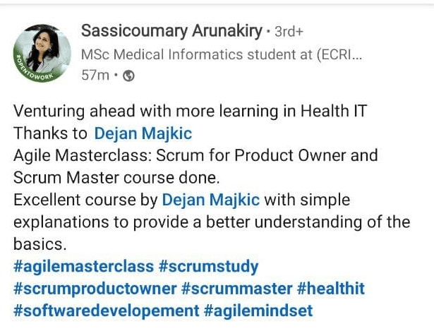 Image featuring Sassicoumary Arunakiry's testimonial on the excellent Masterclass with simple explanations for non-technical individuals