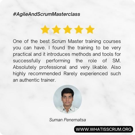 Image featuring Suman Penematsa's review on the practical and authentic Scrum Master training program