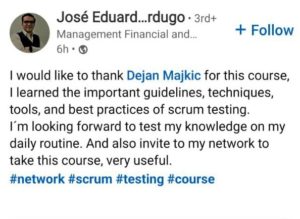 Image featuring Jose Edard's review expressing appreciation for the instructor and the Masterclass, highlighting the importance of guidelines, techniques, tools, and best practices of Scrum testing.